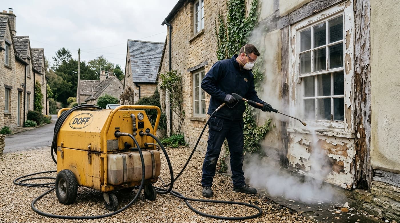 Moore & Franks stripping old paint from a property with DOFF superheated steam, Devon — Exeter
