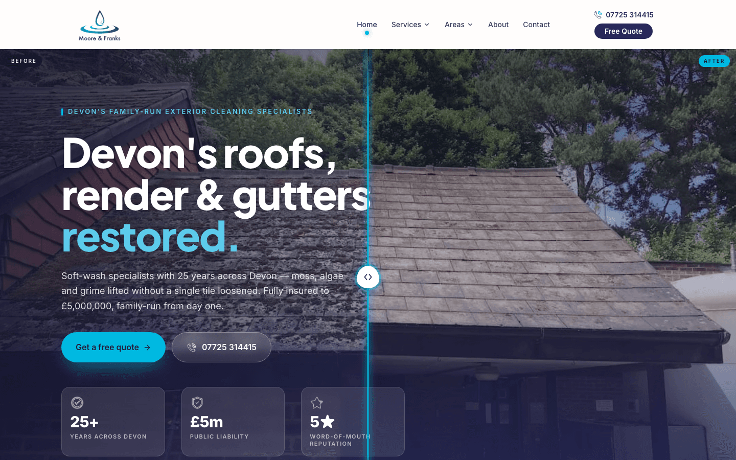 The Moore & Franks homepage, designed and built by Pink Frog Studio
